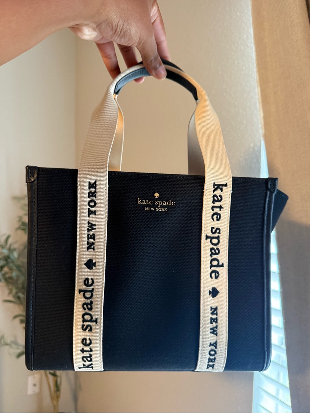 kate spade Black Canvas Tote with Cream Logo Straps